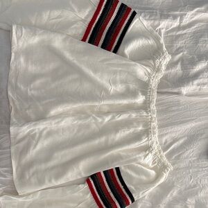 White Off the Shoulder Top with Knitted Striped Bell Sleeves